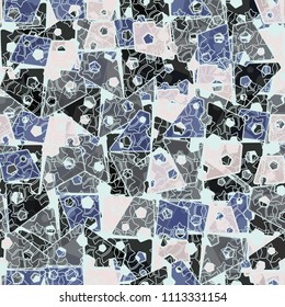 Abstract seamless pattern made up of four-part pentagons. Multicolored texture with translucent details. Above the picture is a placer of five-pointed stars.