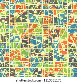 Abstract seamless pattern made up of four-part pentagons. Multicolored texture with translucent details. Above the picture there is a lattice of broken squares.