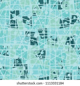 Abstract seamless pattern made up of four-part pentagons. Multicolored texture with translucent details. Above the picture there is a lattice of broken squares.