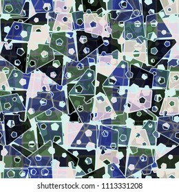 Abstract seamless pattern made up of four-part pentagons. Multicolored texture with translucent details. The picture is supplemented by translucent spots superimposed on top.