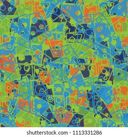 Abstract seamless pattern made up of four-part pentagons. Multicolored texture with translucent details. The picture is supplemented by a regular network of strokes of the main elements.