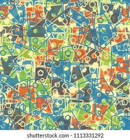 Abstract seamless pattern made up of four-part pentagons. Multicolored texture with translucent details. The picture is supplemented by a regular network of strokes of the main elements.