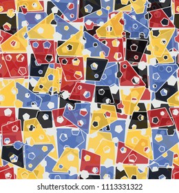 Abstract seamless pattern made up of four-part pentagons. Multicolored texture with translucent details.