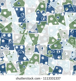 Abstract seamless pattern made up of four-part pentagons. Multicolored texture with translucent details.