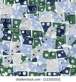 Abstract seamless pattern made up of four-part pentagons. Multicolored texture with translucent details.