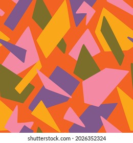 Abstract seamless pattern made of simple colored geometric shapes. Polygon background. Flat minimalist design. Urban conceptual illustration. Good for textile, activewear, notebook, web, wallpaper.