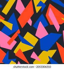 Abstract seamless pattern made of simple colored geometric shapes. Polygon background. Flat minimalist design. Urban conceptual illustration. Good for textile, activewear, notebook, web, wallpaper.