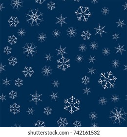 abstract seamless pattern made of snowflakes on blue. Christmas background for design of posters, postcards, invitation for the new year. Vector illustration.