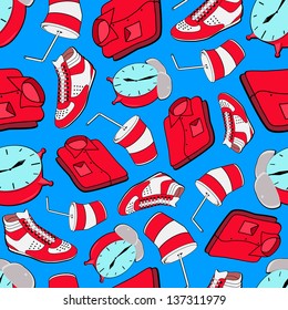 Abstract seamless pattern made of usual morning things (clock, shirt, shoe, drink)