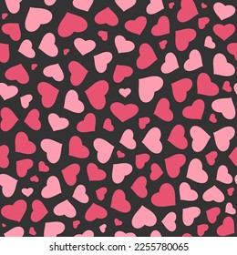 Resumen de un patrón impecable de corazones magenta sobre fondo gris. Imagen de un afiche o portada. Ilustración vectorial. Textura repetitiva. Figura para textiles.