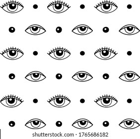 Abstract seamless pattern with magical eyes and dots. Stylized modern print for textile, fabric, clothes, packaging, goods, design. Vector stock illustration isolated on a white  background.