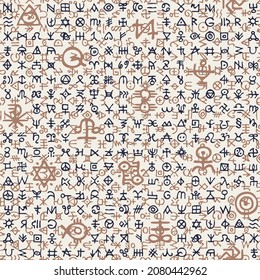 Abstract seamless pattern with magical runes and esoteric signs. Vector background with black and brown mystical symbols on a vintage beige backdrop. Suitable for wallpaper, wrapping paper or fabric