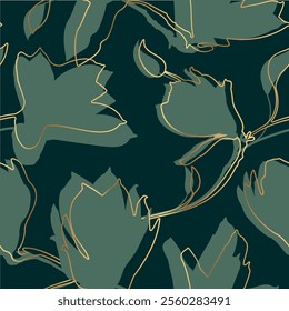 Abstract seamless pattern with magnolia silhouettes in green tones, outlined with gold linear accents on a deep green background. A luxurious and minimalist floral design. 