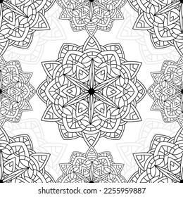 Resumen de un patrón impecable de mandala con elementos florales. Decorativo ornamento negro vintage sobre fondo blanco. Ilustración vectorial oriental de mosaicos étnicos para papel pintado, papel de envoltura, tela