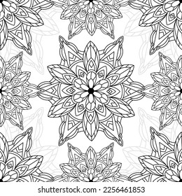 Resumen de un patrón impecable de mandala con elementos florales. Decorativo ornamento negro vintage sobre fondo blanco. Ilustración vectorial oriental de mosaicos étnicos para papel pintado, papel de envoltura, tela