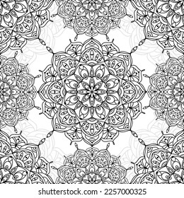 Resumen de un patrón impecable de mandala con elementos florales. Decorativo ornamento negro vintage sobre fondo blanco. Ilustración vectorial oriental de mosaicos étnicos para papel pintado, papel de envoltura, tela