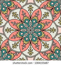 Abstract seamless pattern with mandala flower. Mosaic, tile. Floral background. Vector illustration.   
