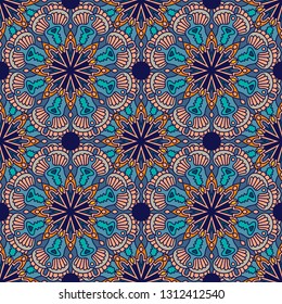 Abstract seamless pattern with mandala flower. Mosaic, tile. Floral background. Vector illustration.   