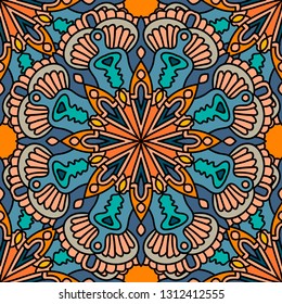 Abstract seamless pattern with mandala flower. Mosaic, tile. Floral background. Vector illustration.   