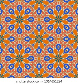 Abstract seamless pattern with mandala flower. Mosaic, tile. Floral background. Vector illustration.   