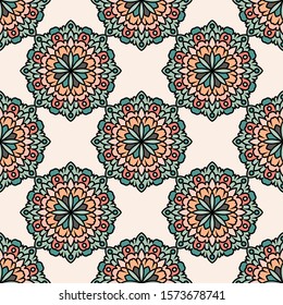 Abstract seamless pattern with mandala flower. Mosaic, tile. Floral background. Vector illustration.    