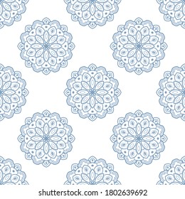 Resumen de un patrón sin fisuras con la flor mandala. Mosaico de punto de polka, mosaico. Fondo floral. Ilustración vectorial.     
