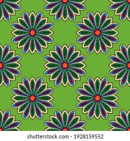 Abstract Seamless Pattern With Mandala Flower. Mosaic, Tile, Polka Dot. Floral Background.