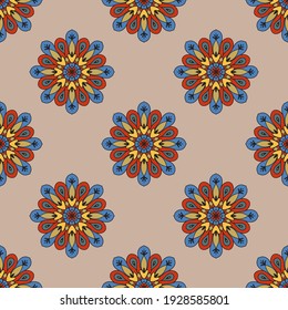 Abstract seamless pattern with mandala flower. Mosaic, tile, polka dot. Floral background.