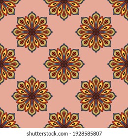 Abstract seamless pattern with mandala flower. Mosaic, tile, polka dot. Floral background.