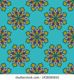 Abstract seamless pattern with mandala flower. Mosaic, tile, polka dot. Floral background.