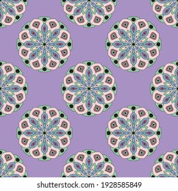 Abstract seamless pattern with mandala flower. Mosaic, tile, polka dot. Floral background.