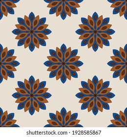 Abstract seamless pattern with mandala flower. Mosaic, tile, polka dot. Floral background.
