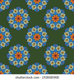 Abstract seamless pattern with mandala flower. Mosaic, tile, polka dot. Floral background.