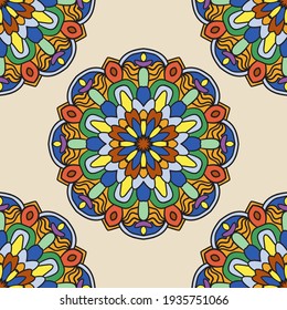 Abstract seamless pattern with mandala flower. Mosaic, tile, polka dot. Floral background.
