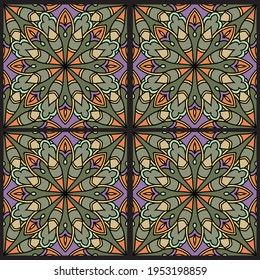 Abstraktes, nahtloses Muster mit Mandala Blume. Mosaik, Fliesen, Polka-Punkt. Blumenhintergrund.