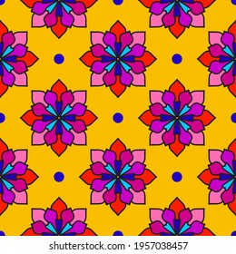 Abstract seamless pattern with mandala flower. Mosaic, tile, polka dot. Floral background.