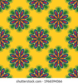 Abstract seamless pattern with mandala flower. Mosaic, tile, polka dot. Floral background.