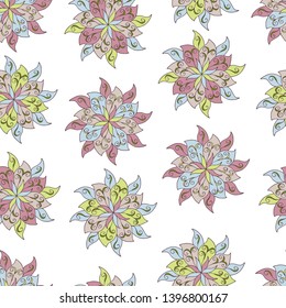 Abstract seamless pattern of mandalas on white background