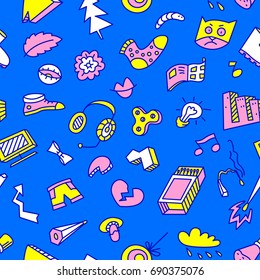 Abstract seamless pattern with many items. Background with different objects. Vector illustration in doodle style