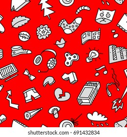 Abstract seamless pattern with many items. Background with different objects. Vector illustration in doodle style