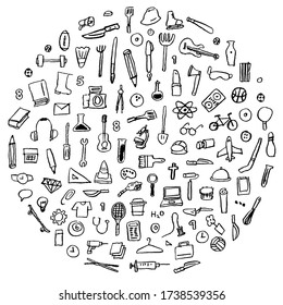 Abstract seamless pattern with many job items. Vector illustration in doodle style.