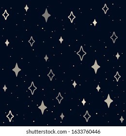 Abstract Seamless Pattern With Many Stars. Starry Night Background. Shiny Galaxy Wallpaper. Yellow Colored Elements On Dark Blue Sky. Sweet Dreams. Magic Bright.