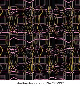 Abstract seamless pattern with marbled stripe shapes in warped plaid arrangement in yellow, pink and olive gold tones.