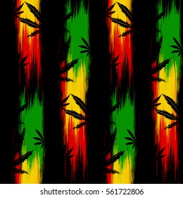 Abstract Seamless Pattern From Marijuana Cannabis On Rastafarian Background Colors. Vector Illustration.