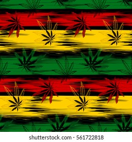 Abstract seamless pattern from marijuana cannabis on Rastafarian background colors. Vector Illustration.