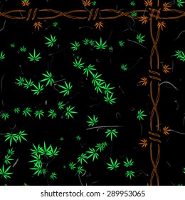 Abstract seamless pattern with Marijuana leaves and barbed wire
