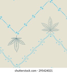 Abstract seamless pattern with Marijuana leaves and barbed wire