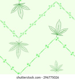Abstract seamless pattern with Marijuana leaves and barbed wire