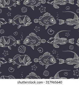 Abstract seamless pattern of marine life, vector illustration