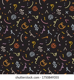Abstract seamless pattern with mathematics signs. Back to school typography texture. Colorful elements on black background. Cute vector design for wrapping paper, wallpaper, book cover, scrapbooking.